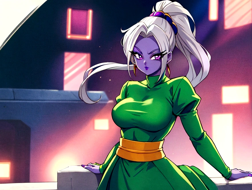 Dress_DragonBallSuper_Vados_ownwaifu,
1girl, blue skin, white hair, hair pulled back, high ponytail, purple eyes, colored skin, alien, long hair, very long hair, lipstick, makeup, purple lips, breasts, large breasts, eyelashes, jewelry, purple nails,
puffy sleeves, long sleeves, dress, juliet sleeves, sash, green skirt, puffy long sleeves, turtleneck,
((masterpiece)),((best quality)),(highres, absurdres), original, bokeh, depth_of_field, scenery, spotlight, focused, looking at viewer, solo, cowboy shot, completely nude