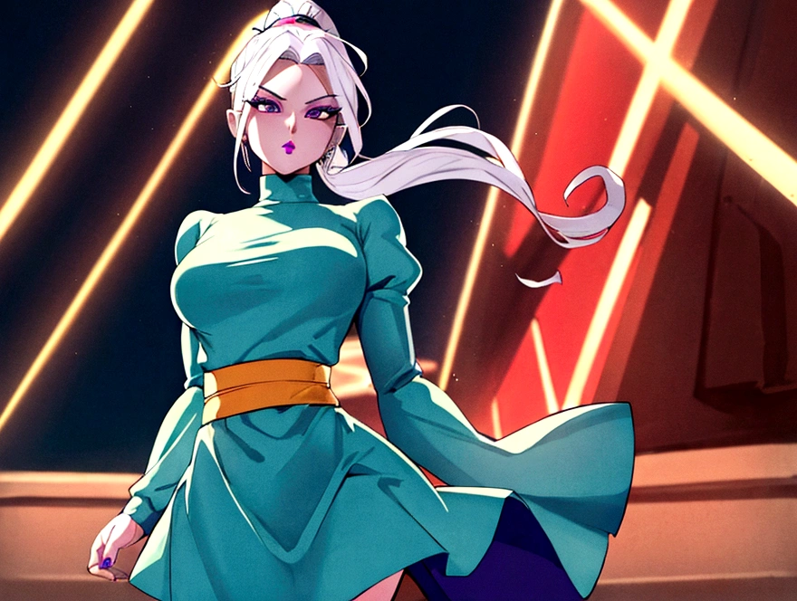 Dress_DragonBallSuper_Vados_ownwaifu,
1girl, blue skin, white hair, hair pulled back, high ponytail, purple eyes, colored skin, alien, long hair, very long hair, lipstick, makeup, purple lips, breasts, large breasts, eyelashes, jewelry, purple nails,
puffy sleeves, long sleeves, dress, juliet sleeves, sash, green skirt, puffy long sleeves, turtleneck,
((masterpiece)),((best quality)),(highres, absurdres), original, bokeh, depth_of_field, scenery, spotlight, focused, looking at viewer, solo, cowboy shot, completely nude