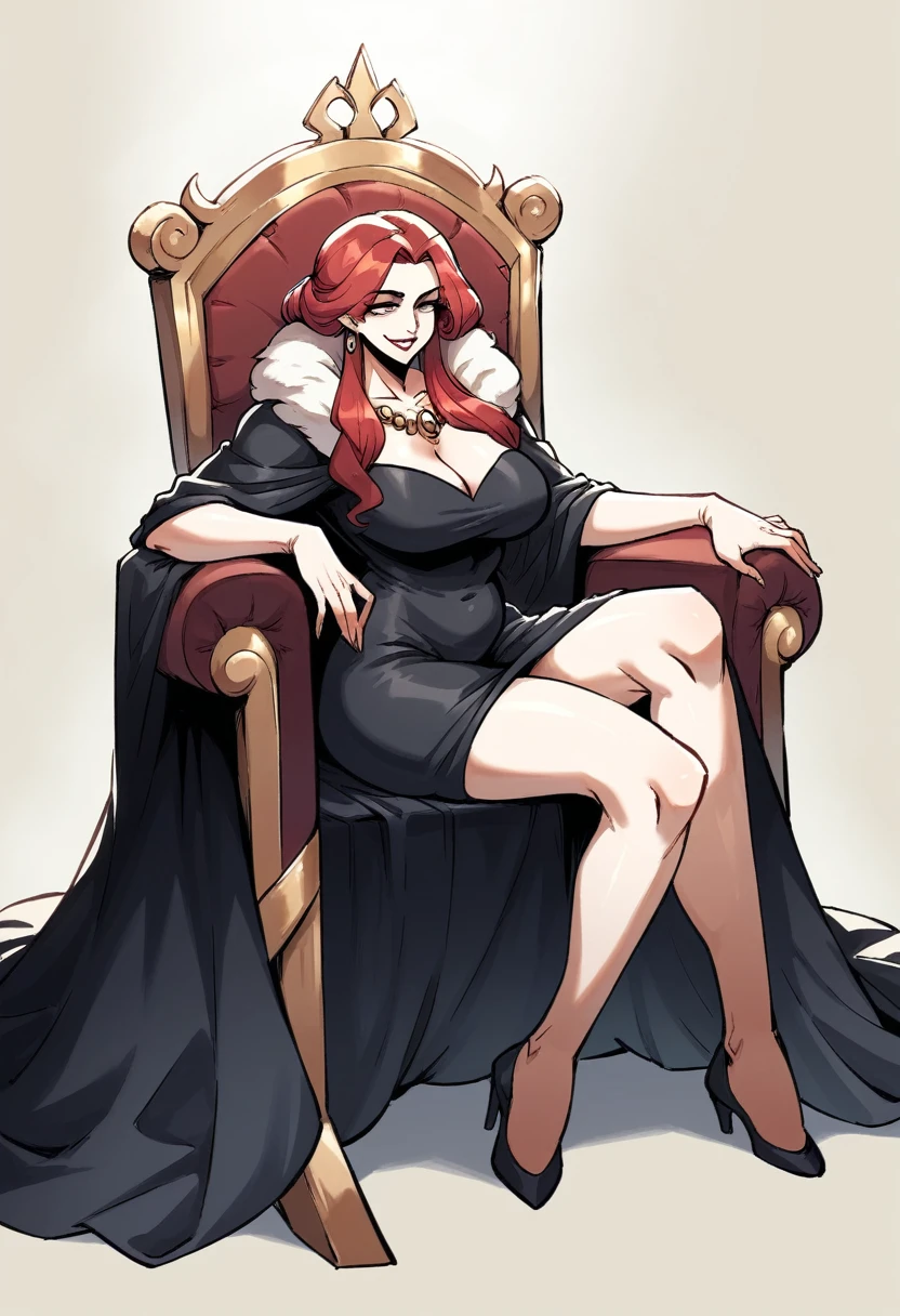 A beautiful woman sitting on a throne, pale skin and flowing red hair, medium legnth hair, dutchess in modest adornment, modest clothing, full dress, fur collar, black dress, warm colours, mature woman, sharp features, innocent smile, female knoght, knoght queen, lodgehouse background, no crown