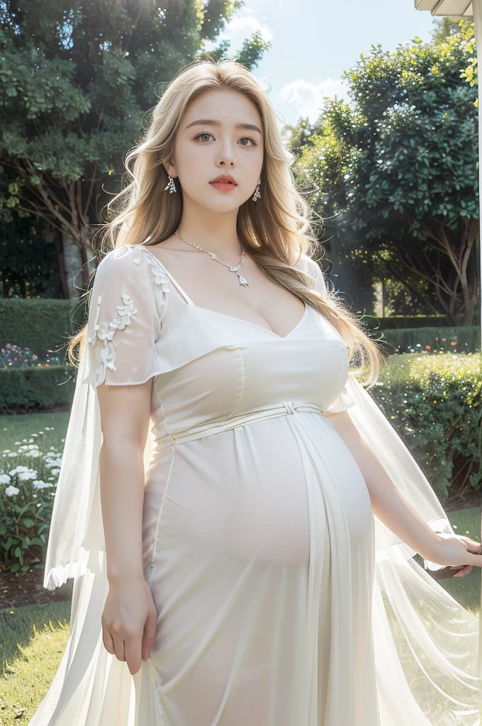 (((best quality))), (((ultra detailed))), (((masterpiece))), illustration,((1 beautiful little girl,solo,angel)),((fair skin,shoulder length straight blonde hair,blue eyes)),(earrings,crystal necklace),((big face,round face,bloated face,double chin)),((plump,fat,obese,overweight)),(((gigantic breasts,towering chest,cleavage,underboob,pregnant,gigantic belly))),joyful expression,(white wings:1.3),(flowing short-sleeved white sheer dress:1.3),((In heaven, garden setting)), vibrant flowers,(colorful flowers:1.3),lush grass, gentle breeze, (clear sky, fluffy clouds, shining sun),((from front,standing,upper body,arms behind back)),((pantyhose))
