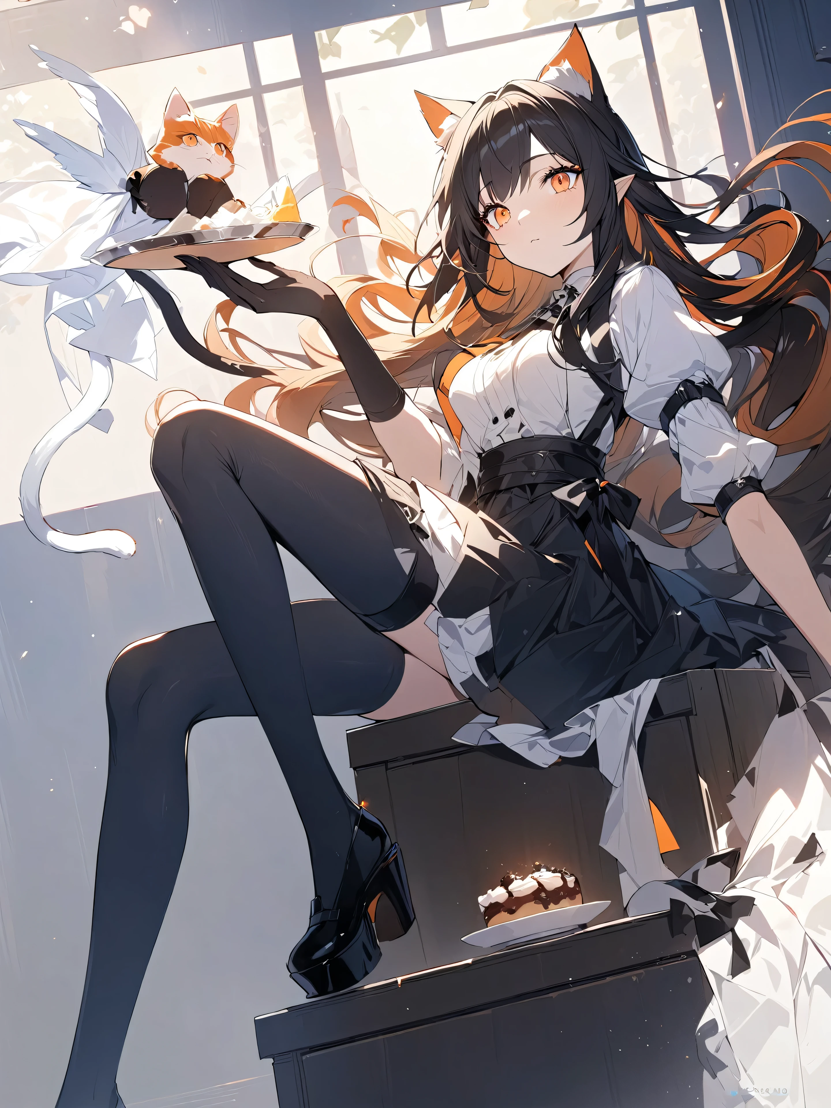 Slender anime girl,Black long hair,Bright orange eyes,Cat Ears Female Outfit,Black long sleeve,Sitting on the cupboard with legs crossed,There was a white elf holding a dessert flying beside her.,Arknights style,Light and shadow,masterpiece,Beautiful illustration wallpaper。