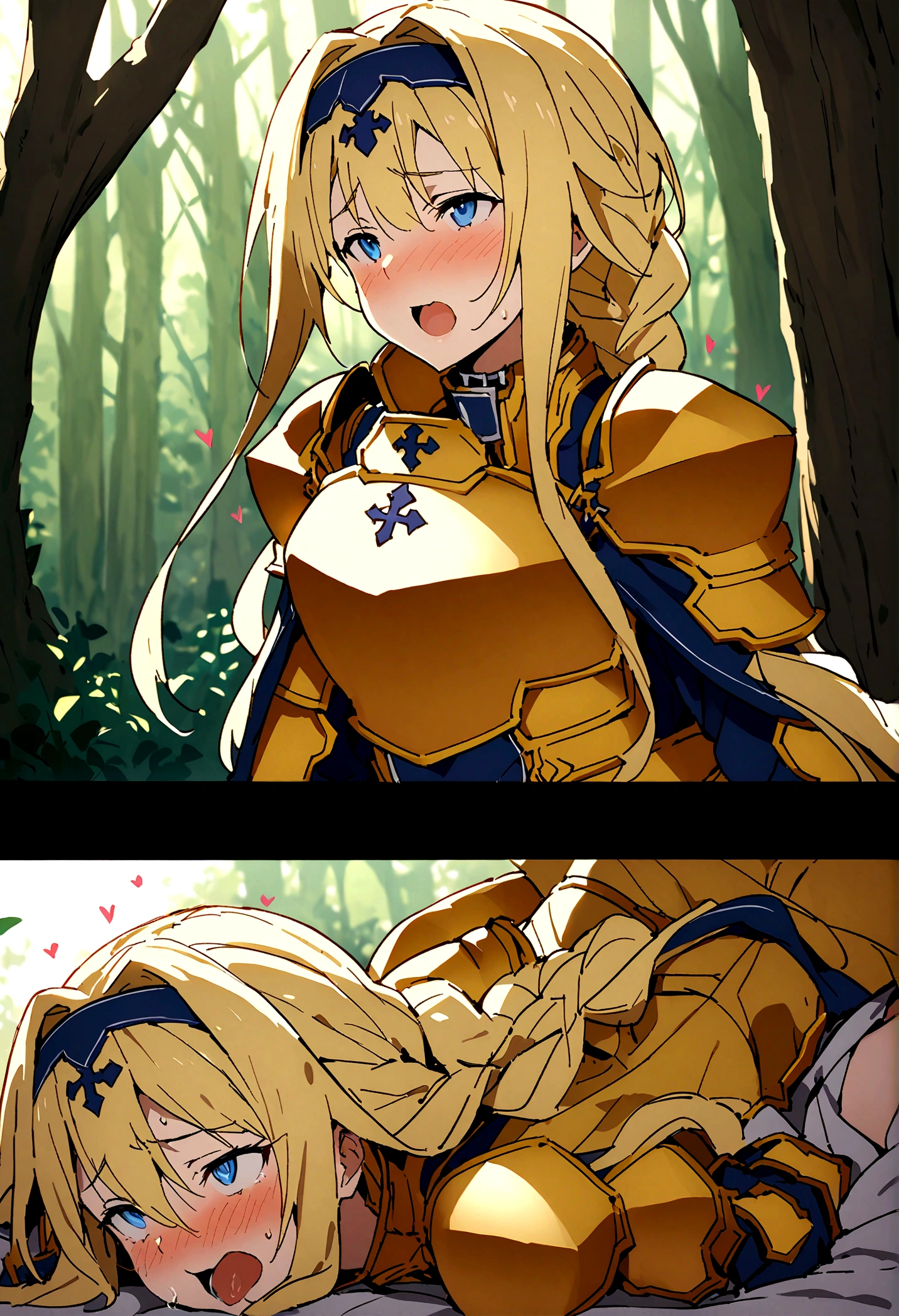 NSFW,masterpiece,Highest quality,High resolution,Super detailed,(Sword Art Online\), Alice Zuberg、bangs、blue eyes、Blonde Hair、Hair between the eyes、Very long hair、Braid、hair band、白いhair band,dress、Cape、armor、青いdress、Shoulder rest、Gauntlet、Scapula、breastplate、armor付きdress、Fold、青いCape、knight、金のarmor,Body Armor,Iron Collar,Embarrassed,sexual excitement,Estrus,blush,(Ahegao),Climax face,((Squirting)),Sweat,heart,in the forest,(male),Having sex,Insert,Creampie,Massive ,From the side,Prone