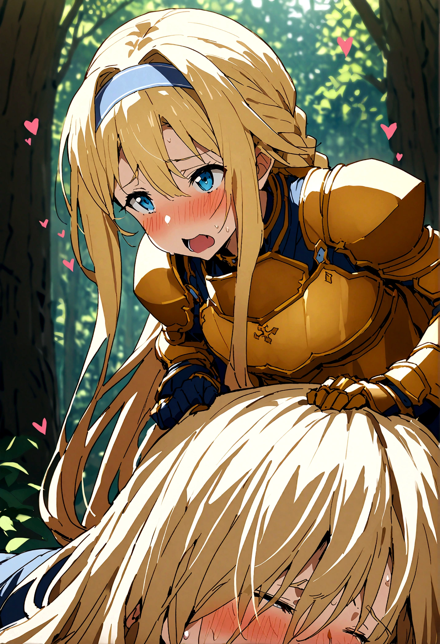 NSFW,masterpiece,Highest quality,High resolution,Super detailed,(Sword Art Online\), Alice Zuberg、bangs、blue eyes、Blonde Hair、Hair between the eyes、Very long hair、Braid、hair band、白いhair band,dress、Cape、armor、青いdress、Shoulder rest、Gauntlet、Scapula、breastplate、armor付きdress、Fold、青いCape、knight、金のarmor,Body Armor,Iron Collar,Embarrassed,sexual excitement,Estrus,blush,(Ahegao),Climax face,((Squirting)),Sweat,heart,in the forest,(male),Having sex,Insert,Creampie,Massive ,From the side,Prone