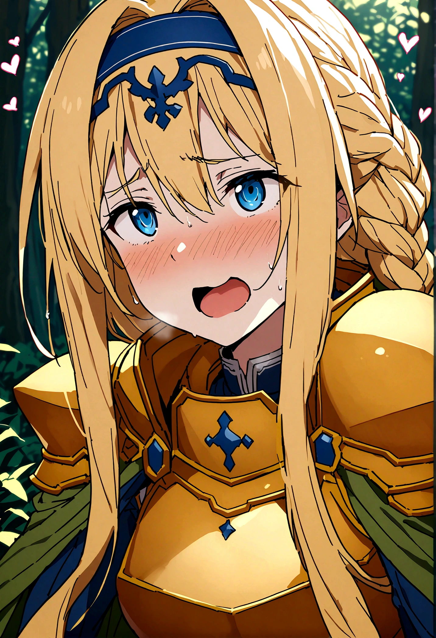 NSFW,masterpiece,Highest quality,High resolution,Super detailed,(Sword Art Online\), Alice Zuberg、bangs、blue eyes、Blonde Hair、Hair between the eyes、Very long hair、Braid、hair band、白いhair band,dress、Cape、armor、青いdress、Shoulder rest、Gauntlet、Scapula、breastplate、armor付きdress、Fold、青いCape、knight、金のarmor,Body Armor,Iron Collar,Embarrassed,sexual excitement,Estrus,blush,(Ahegao),Climax face,((Squirting)),Sweat,heart,in the forest,(male),Having sex,Insert,Creampie,Massive ,From the side,Prone