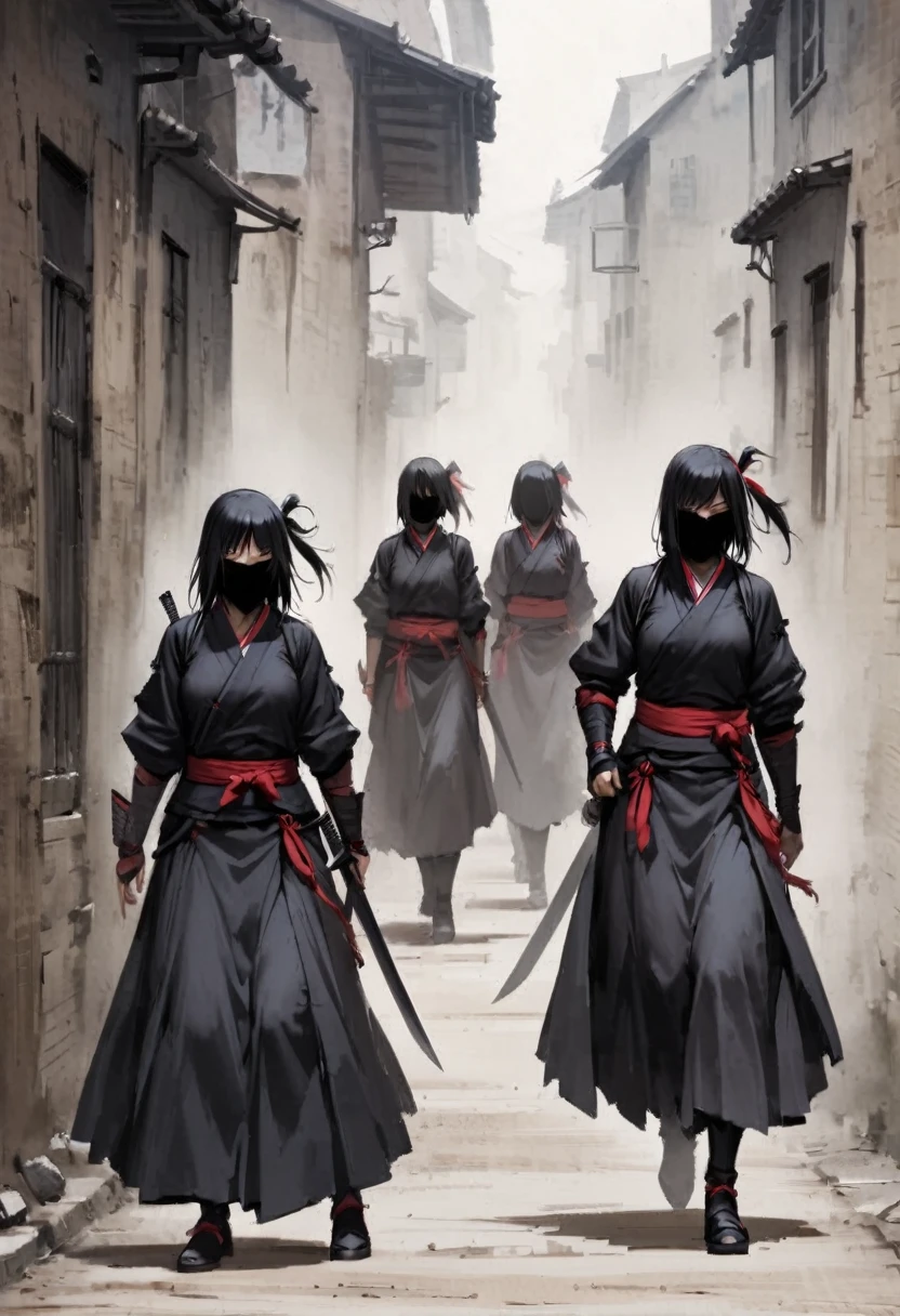 Female Ninja Group、Walking side by side、March、darkness、Under the city、Edo Period、Ninja sword、Shuriken、assassination、cool、masterpiece、best quality、ultra-detail、darkness、stylish、Behavior of the strong、Intimidation