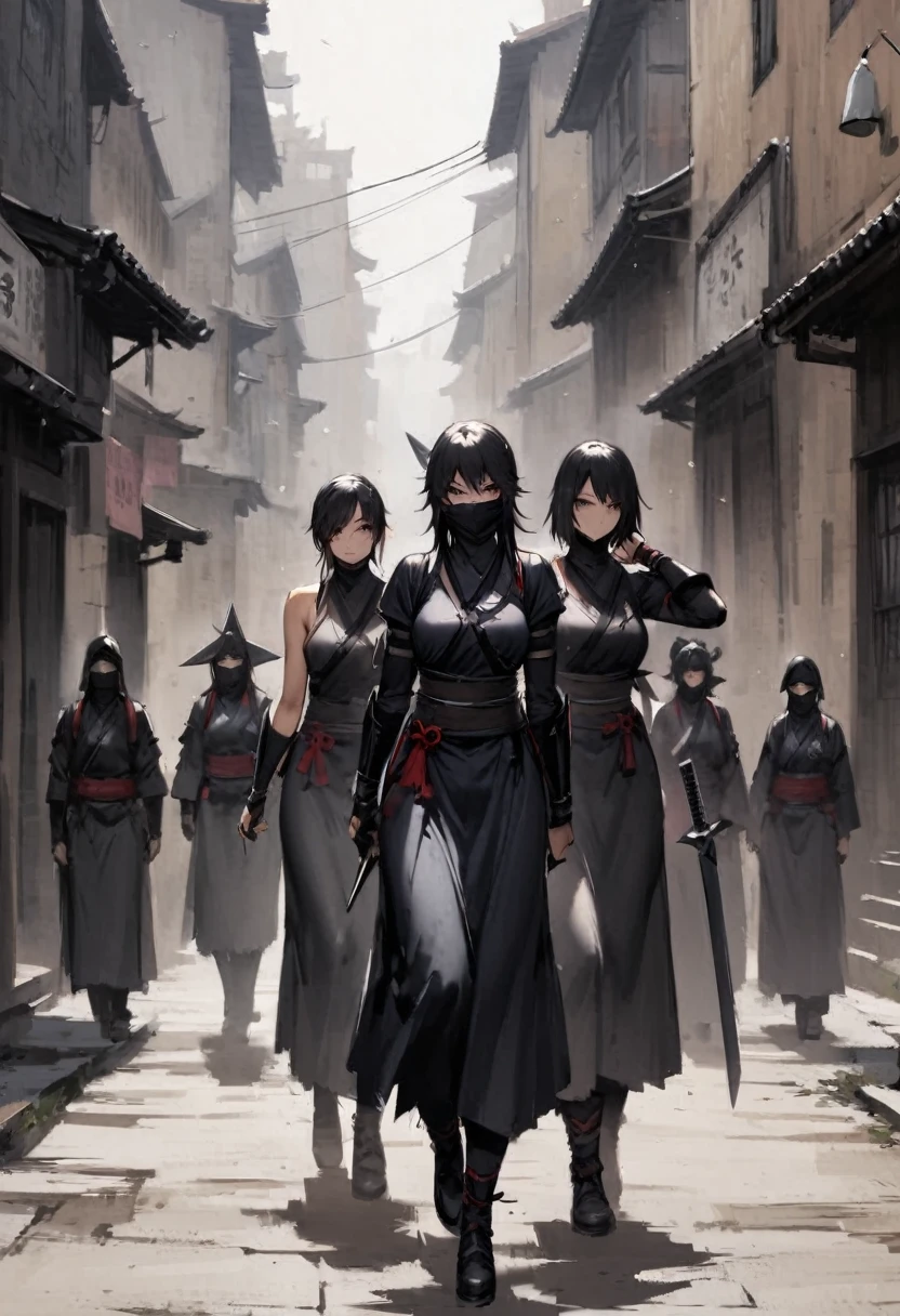 Female Ninja Group、Walking side by side、March、darkness、Under the city、Edo Period、Ninja sword、Shuriken、assassination、cool、masterpiece、best quality、ultra-detail、darkness、stylish、Behavior of the strong、Intimidation