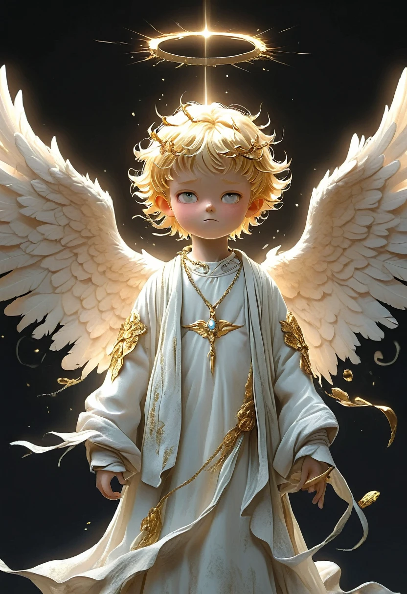 with dark background, a beam of light came down from the air, dynamic magic luminous gold water flowing in the air, deep withe and light gold tone, A 3 year old boy with angel wings and Halo, wearing jewelry, black background, illustration, pastel colors, chiaroscuro, Middle Ages, realistic, ultra detailed, Blender, C4D, octane rendering, 8K, HD
