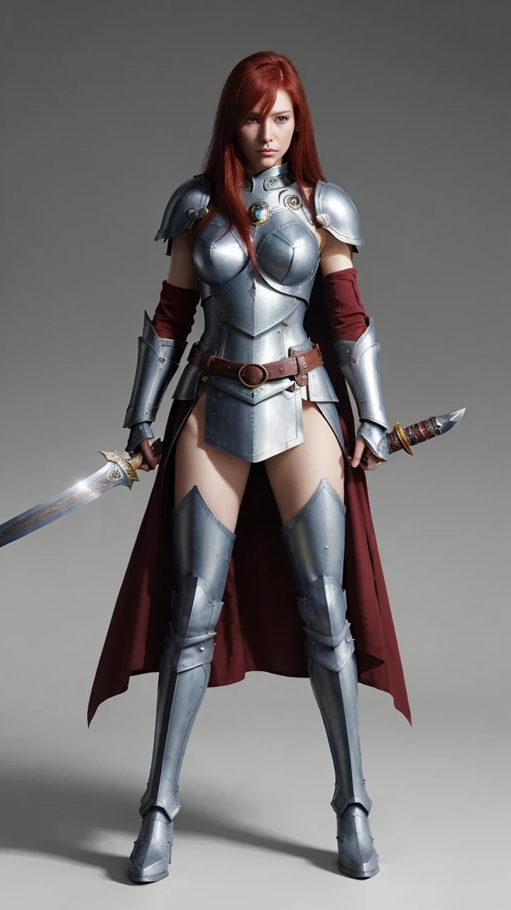 ,Erza, 1girl, red hair, blue skirt, pauldrons, holding sword, brown eyes, shoulder armor, hair between eyes, holding weapon, full body, thighhighs, greaves, knight, looking at viewer, breastplate, gauntlets, white background, belt, long hair, armored boots,simple background
,masterpiece, best quality, animerza, realistic face and skin tone.