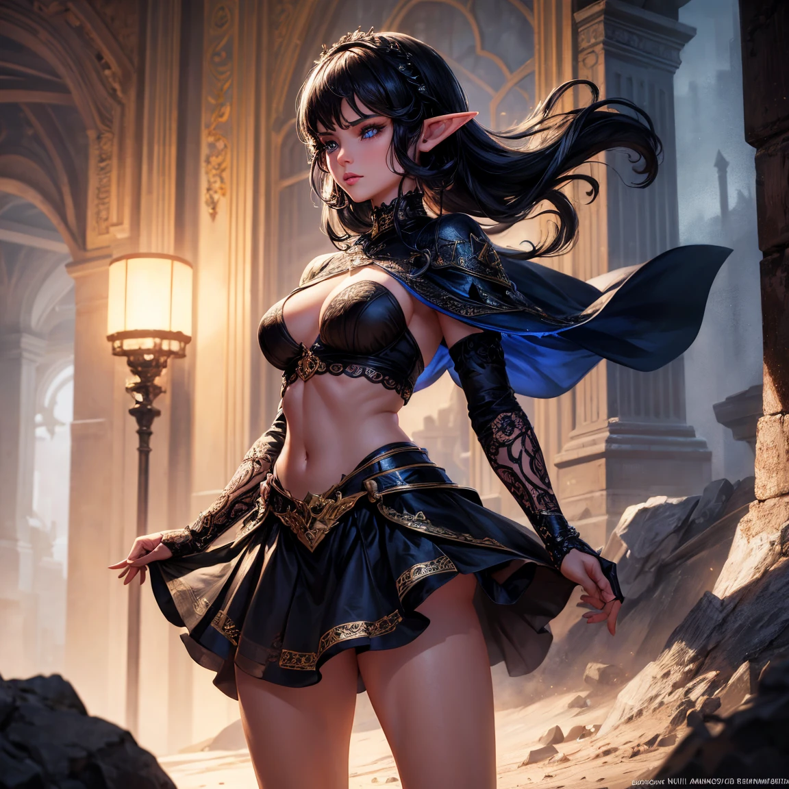 a woman, 1girl, elf, black retro curl cut hair, breasts, long pointed ears, magical blue eyes!!!, serious face, sexy black crop top, deep neckline, sexy black little skirt, frost aura, full body, full body, walking, dark castle, very sexy body, detailed face, beautiful detailed eyes, beautiful detailed lips, extremely detailed eyes and face, long eyelashes, detailed clothing, intricate details, highly detailed, photo realistic, 8k, best quality, masterpiece, cinematic lighting, dramatic lighting, vibrant colors, fantasy, digital art, concept art