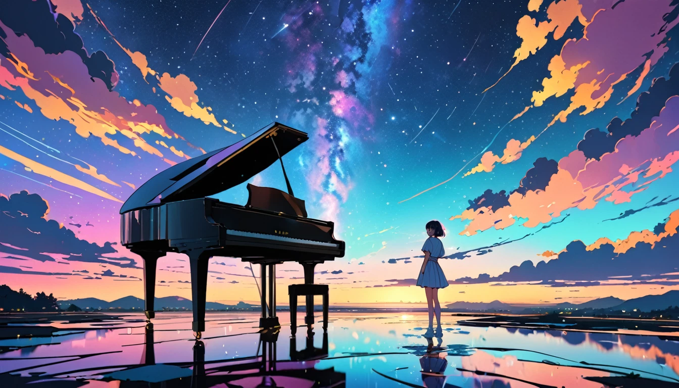 ((((1 anime girl is playing grand piano on the water mirror, the piano roof is open)))), center of the screen, dusk, gradient sky,(horizon:1.1),(starry sky reflected in a puddle:1.4),(puddle:1.3), after rain, a beautiful summer sky, Lo-fi image, Retro, Flat, 2.5D, Night light, Neon scape , beautiful colorful night sky, cast , analog color theme, fantasy , line art, ink drawing, large ink line, gouache color, amazing colorful, outturn, synthwave, lofi art, 90's style, amplitude, 90's atmosphere, masterpiece, enormous skill, masterpiece, starry sky in the background, A huge amount of skill , delicate face, dreamlike digital painting, cosmic skies, endless cosmos in the background, lost in a dreamy fairy landscape, dreamlike atmosphere, calm atmosphere, (((beautiful delicate anime face))