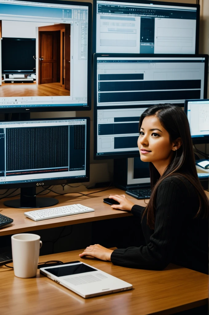 woman as a digital editor is in front of the computer with digital room background