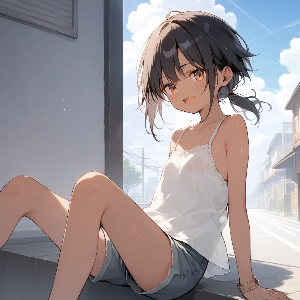 score_9, score_8_up, score_7_up, source_anime, best quality, masterpiece, official art, absurdres, highres, ultra-detailed,waifu2x,Collection: Slice of Life,break,1girl, tomboy, dark-skinned female, short hair, low ponytail, flat chest, beautiful detailed eyes, short shorts, sweat, open mouth, (yawn:0.3), sleepily, outdoors, wind, break,(clear line illustration:1.2),very high resolution, very aesthetic, super detailed skin, Best sexual lighting powered by famous artist, 8k,cute picture,beauty illustration,photoshop_(medium),,(Detailed Lighting),best anime 8k konachan wallpaper, pixiv contest winner,