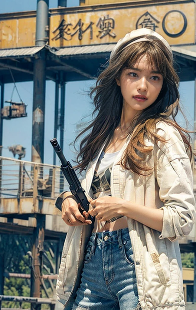 (8K, original photo, best quality, masterpiece:1.2),(Practical, Practicalな写真:1.4),(Highly detailed CG Unity 8K wallpaper),(Round Face: 1.5), (Fine pupils:1.3),(Cold eyes:1.1),(Smile:1.1),(Unforgettable eyes:1.1),(You have beautiful eyes:1.1),
24 years old, Japanese women, Dirty face, It's full of scars、call、Bronze skin, You are wearing clothes.s. Marines,Bulletproof vest、Backpack、heavy machine、 Battles on the battlefield, Strong muscles, World War, Modern war themes,armyの女の子, Assault rifle with precise details, (Grip the rifle: 1.3), (Aim and hold the rifle.: 1.3), Shootout, army, Baseball cap, car on fire, War Zone,, explode, Burning City, cigarette, Broken Tower, belly button, Gloves, Torn pants, 泥と血でDirty face, Sweating of the skin, Bloody Skin, muddy skin, Declaration of determination, Precise expression, best quality, Ultra-high resolution, Practicalな, 、Physically Based Rendering(Physically Based Rendering(Physically Based Rendering)), Cinema Lighting, complicated, Movie-like feel,Soft Light, Pleasant tone, Battlefield Background, city war background, Practical, Cowboy shooting, Dynamic Angle,, Mahindra Thar, electric wire, 8K!!, 偉大なmasterpiece,, Production: Tom Karafik