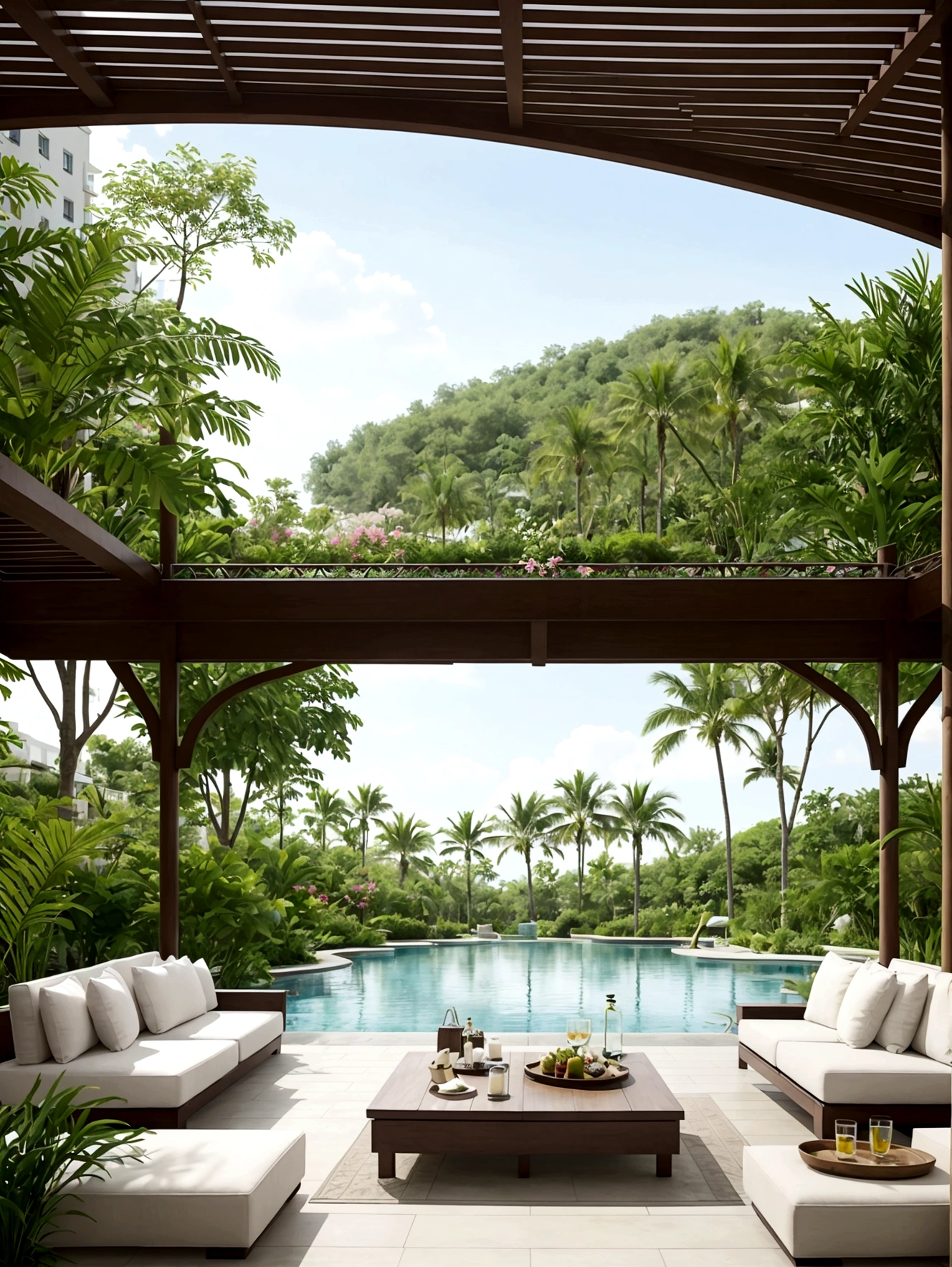 Resort、beautiful flower々、Beautiful plants、Relaxing veranda、Luxury sofa、Luxurious low table、vivid、Pool