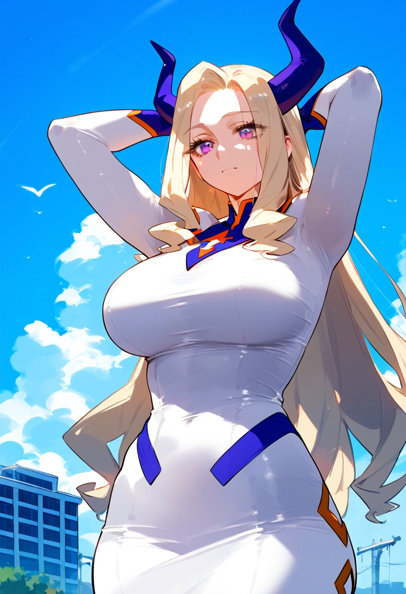 anime artwork, score_9, score_8_up, score_7_up, score_6_up, score_5_up, score_4_up, Mount Lady, blonde hair, purple eyes, , she is 24 years old, style_3, ,,, , , ,floox style , _, standing, ,sky, sun, clouds, arms up, she is gigant,