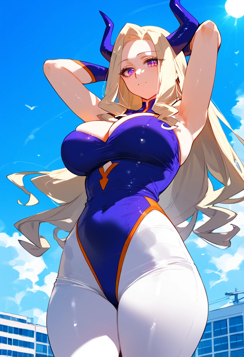 anime artwork, score_9, score_8_up, score_7_up, score_6_up, score_5_up, score_4_up, Mount Lady, blonde hair, purple eyes, big breasts, she is 24 years old, style_3, ,,,  , , ,floox style , _, standing, ,sky, sun, clouds, arms up, she is gigant, 