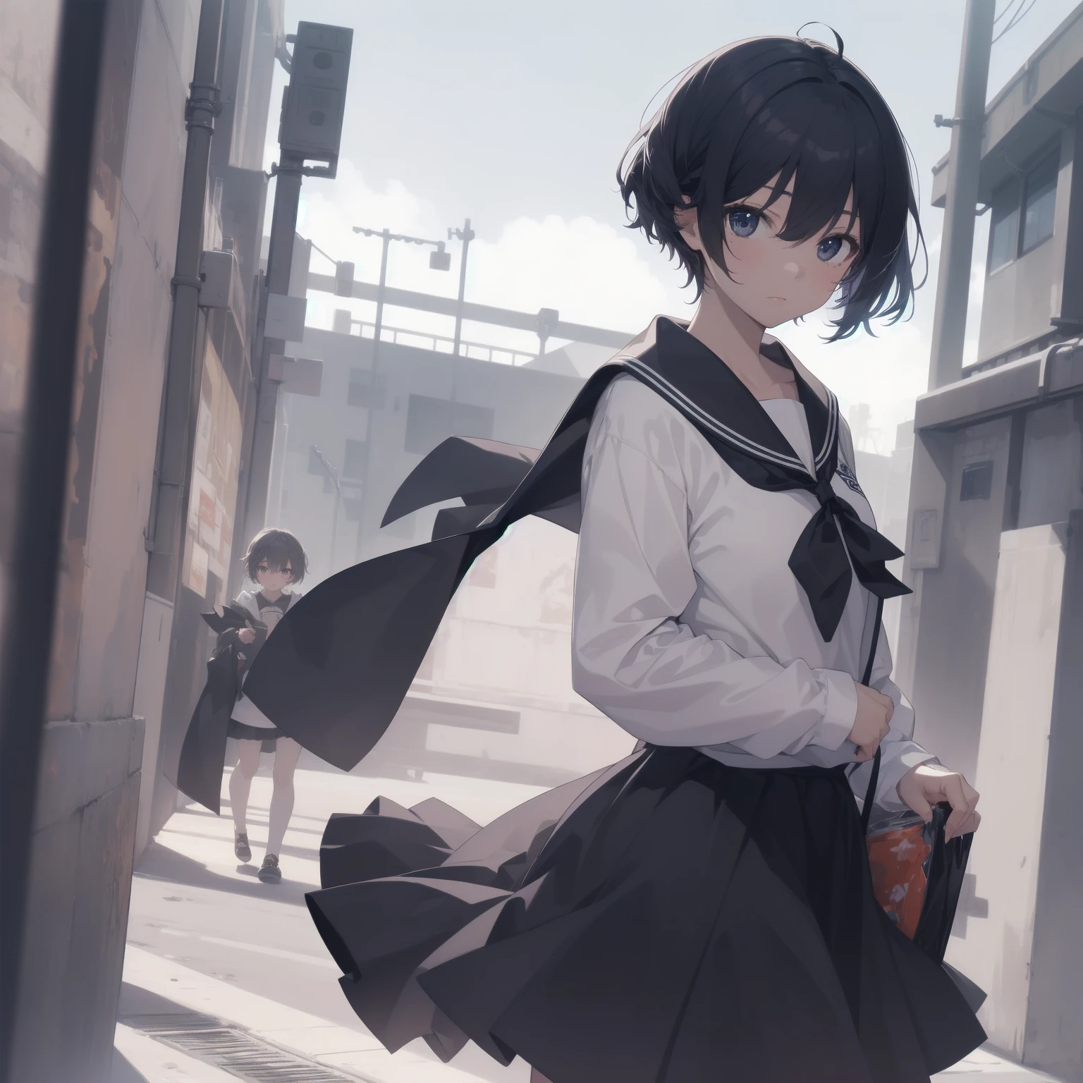 ultra-absurdres-Top quality by artist God, ultra-detailed, high resolution, anime moe artstyle, best anime 8k konachan wallpaper, pixiv contest winner, pool:2810, perfect ???????,break, 1girl, (Please draw a girl walking sleepily to school alone. )break,(Solo,little female, 13-year-old:1.3),Full limbs, complete fingers,a junior high school student, (very short hair), short cut, flat chest, , small butt, small black eyes, beautiful detailed eyes, well-proportioned iris and pupils, expressive eyes, highres detailed hair, soft expression, salor school_uniform, sailor collar, serahuku, bow, pleated skirt,(Detailed Lighting), (Detailed background), in the School commute route. break,super detailed skin, Best cinematic lighting powered by famous artist, 8k,beauty illustration,photoshop_(medium),very aesthetic,break,((artist:null_(nyanpyoun) )), artist:clamp ,artist:carnelian ,artist:kantoku ,
