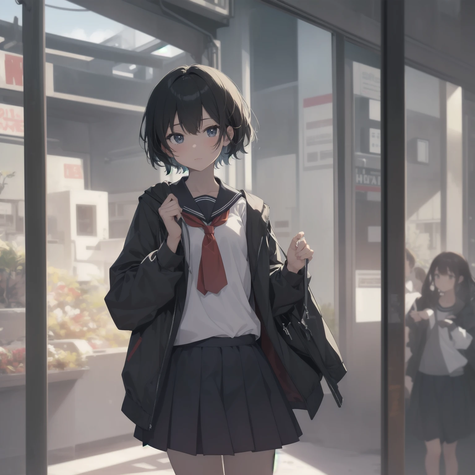 ultra-absurdres-Top quality by artist God, ultra-detailed, high resolution, anime moe artstyle, best anime 8k konachan wallpaper, pixiv contest winner, pool:2810, perfect anatomy,break, 1girl, (Please draw a girl walking sleepily to school alone. )break,(Solo,little female, 13-year-old:1.3),Full limbs, complete fingers,a junior high school student, (very short hair), short cut, flat chest, , small butt, small black eyes, beautiful detailed eyes, well-proportioned iris and pupils, expressive eyes, highres detailed hair, soft expression, salor school_uniform, sailor collar, serahuku, bow, pleated skirt,(Detailed Lighting), (Detailed background), in the School commute route. break,super detailed skin, Best cinematic lighting powered by famous artist, 8k,beauty illustration,photoshop_(medium),very aesthetic,break,((artist:null_(nyanpyoun) )), artist:clamp ,artist:carnelian ,artist:kantoku ,