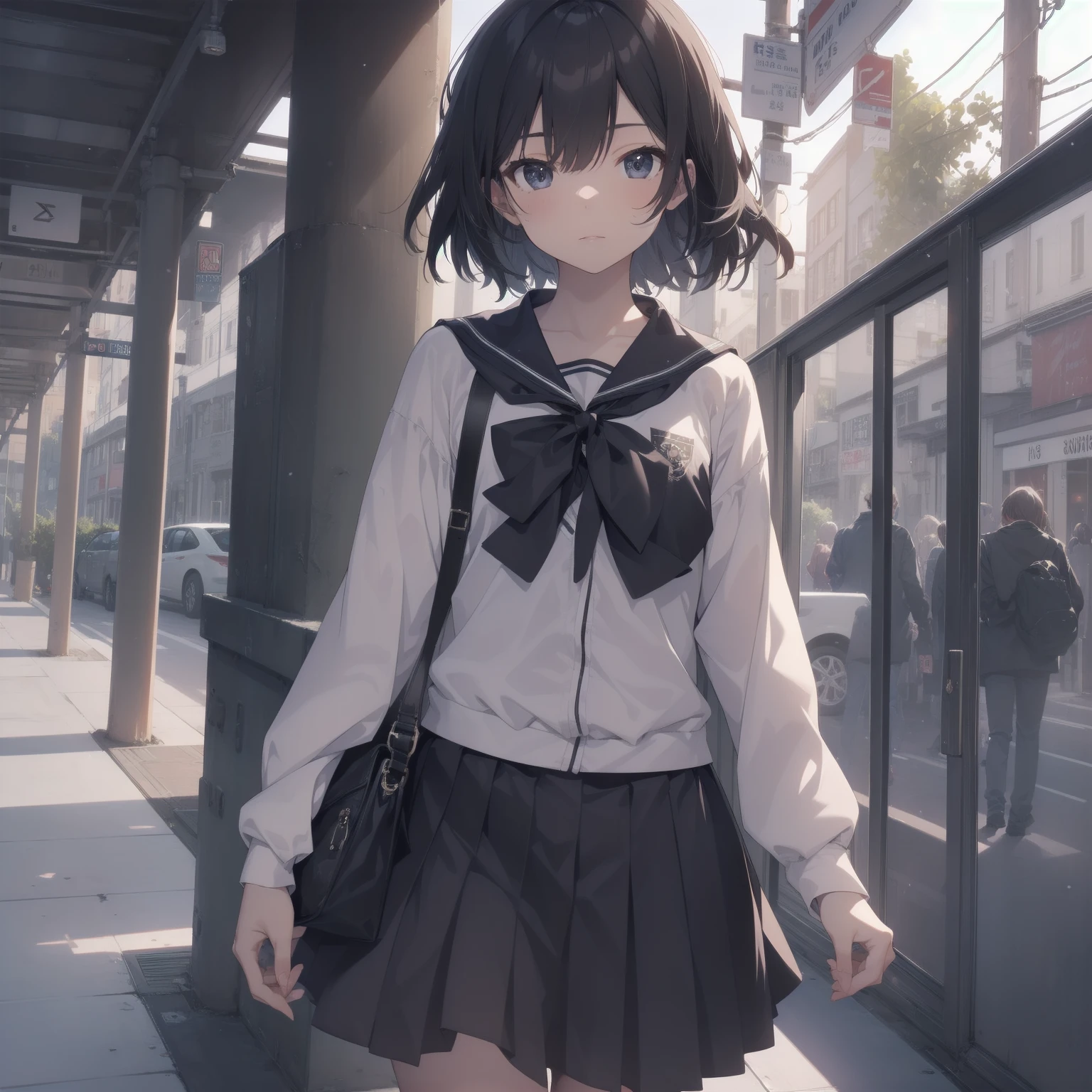 ultra-absurdres-Top quality by artist God, ultra-detailed, high resolution, anime moe artstyle, best anime 8k konachan wallpaper, pixiv contest winner, pool:2810, perfect anatomy,break, 1girl, (Please draw a girl walking sleepily to school alone. )break,(Solo,little female, 13-year-old:1.3),Full limbs, complete fingers,a junior high school student, (very short hair), short cut, flat chest, , small butt, small black eyes, beautiful detailed eyes, well-proportioned iris and pupils, expressive eyes, highres detailed hair, soft expression, salor school_uniform, sailor collar, serahuku, bow, pleated skirt,(Detailed Lighting), (Detailed background), in the School commute route. break,super detailed skin, Best cinematic lighting powered by famous artist, 8k,beauty illustration,photoshop_(medium),very aesthetic,break,((artist:null_(nyanpyoun) )), artist:clamp ,artist:carnelian ,artist:kantoku ,