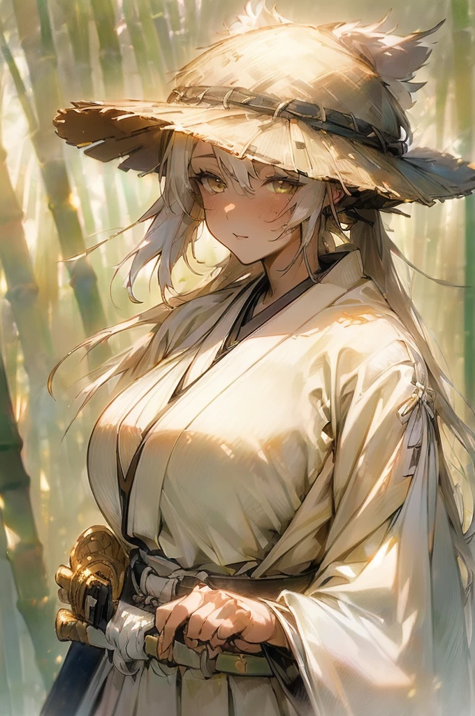 {masterpiece, distinct_image, extremely detailed CG, (extremely detailed fine touch:1.2), (natural light, sun light, light rays, dappled light, ray tracing:1.2), beautiful eyes and detailed face,white ink splashing, photo realistic, 4k, 8k, high_resolution,(perfect_finge:2.0), (beautiful_detailed_eyes:1.3), glitter, white_light, (glow_white_face, front_light:1.3),{1girl, face_focus, looking for_in_viewer, upper_body, dynamic angle, standing, fighting stance, put own sword in sheath, own hand on own waist },{adult, (huge_breasts, wide_hip:1.3), (White sword sheath on waist,Japanese white hakama, white long haori, Detailed sword handle, light yellow_bamboo_hat:1.7),(white_hair, white_eyes, long_hair, fluttering hair, slanted_eyes, bangs:1.4), white background}