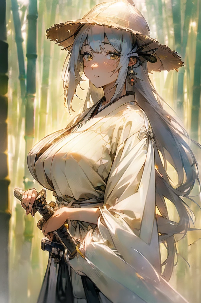 {masterpiece, distinct_image, extremely detailed CG, (extremely detailed fine touch:1.2), (natural light, sun light, light rays, dappled light, ray tracing:1.2), beautiful eyes and detailed face,white ink splashing, photo realistic, 4k, 8k, high_resolution,(perfect_finge:2.0), (beautiful_detailed_eyes:1.3), glitter, white_light, (glow_white_face, front_light:1.3),{1girl, face_focus, looking for_in_viewer, upper_body, dynamic angle, standing, fighting stance, put own sword in sheath, own hand on own waist },{adult, (huge_breasts, wide_hip:1.3), (White sword sheath on waist,Japanese white hakama, white long haori, Detailed sword handle, light yellow_bamboo_hat:1.7),(white_hair, white_eyes, long_hair, fluttering hair, slanted_eyes, bangs:1.4), white background}
