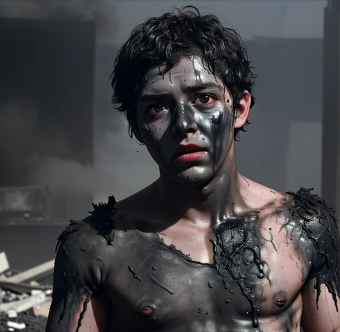 A boy is left in tatters and covered in soot after a bomb he was trying to throw in a comedy movie explodes.