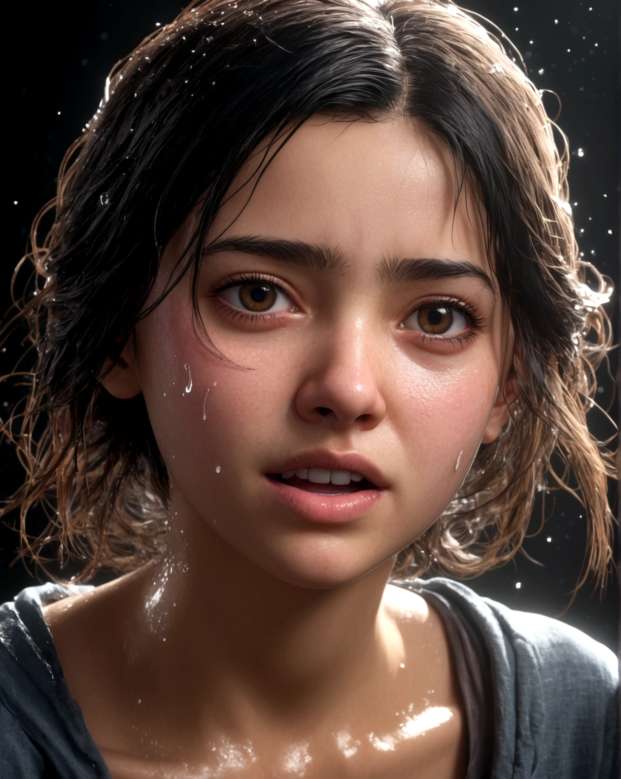 A girl, old ragged clothes (torn clothes 1.5), splashed water on her body (wet shirt 1.8), shocked face, hyper realistic, unreal engine, ultra detailed, perfect face, HD, photo art