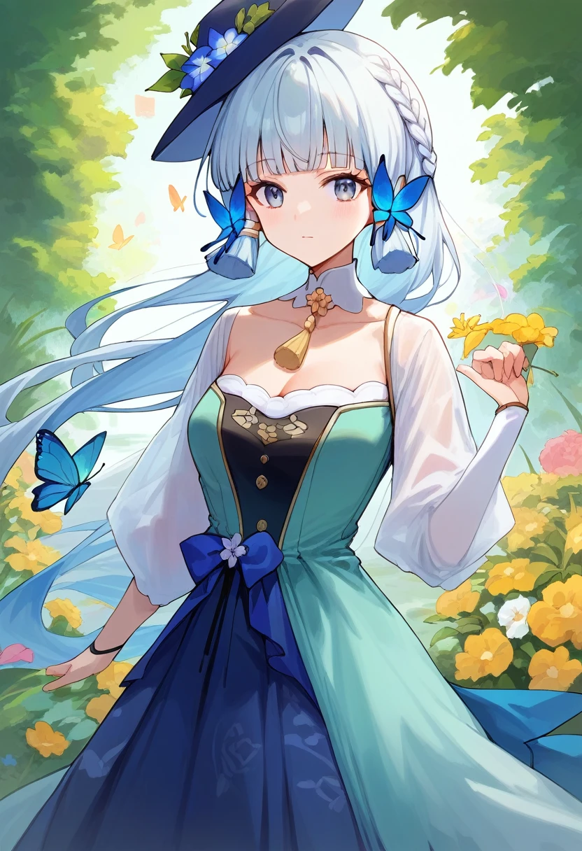 score_9,score_8_superior,score_7_superior, kamisato_Ayaka_(春のflower_Personal letter), High resolution, One girl, Genshin Impact_Impact, formal_Alternative_Costumes, green_eye, butterfly_hair_ornament, green_dress, hair_flower, dull_前hair, formal_Alternative_hairstyle, Light_green_hair, brown_hat