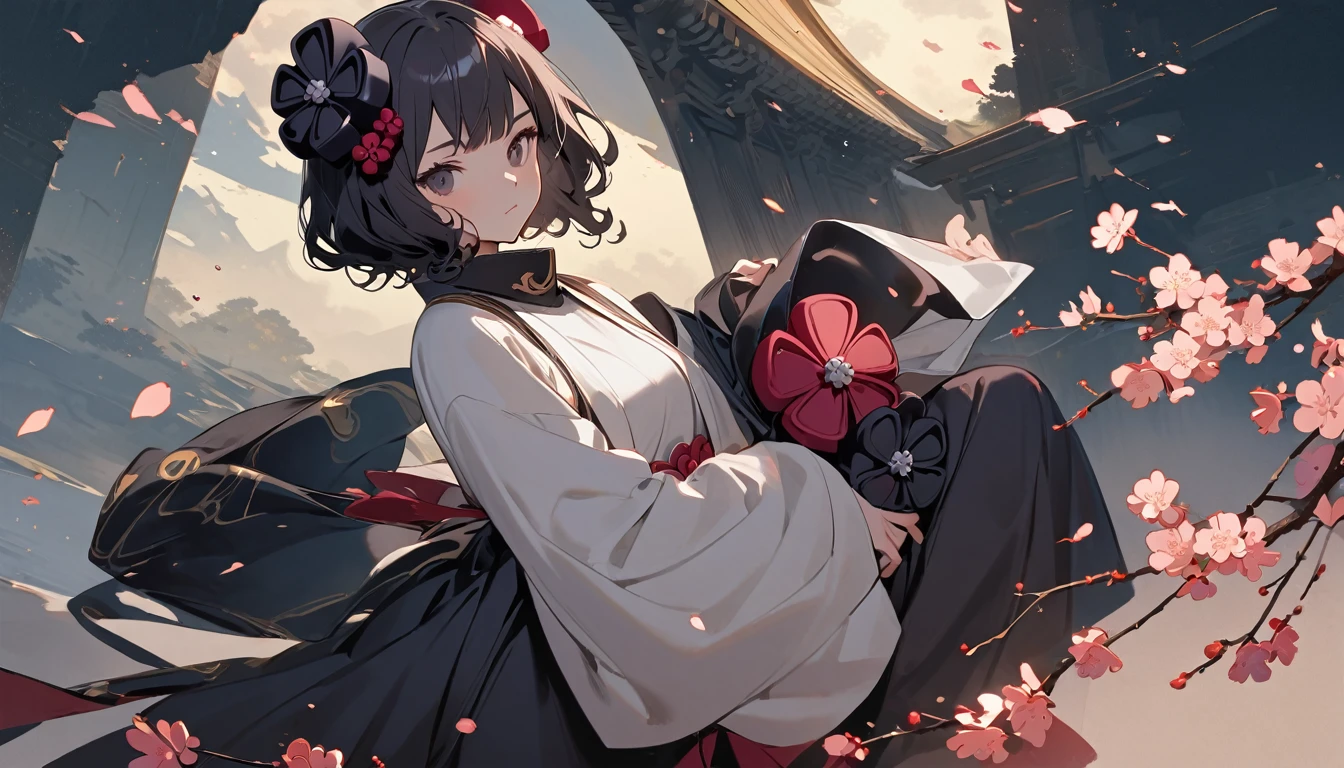 (((Highest quality))), (((Katsushika Hokusai))), (((Ink Painting))), ((very straight longhair)), ((1 girl)), ((cherry blossoms)), ((beautiful girl)), (((Light-colored haori coat))), Japanese style headphones, Black Hair, Delicate and precise, Modern ukiyo-e style, wind god