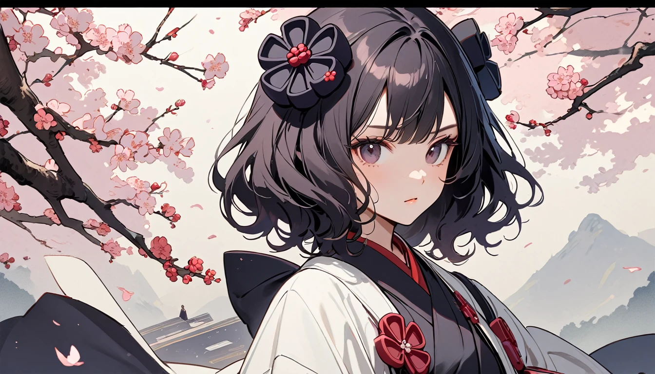 (((Highest quality))), (((Katsushika Hokusai))), (((Ink Painting))), ((very straight longhair)), ((1 girl)), ((cherry blossoms)), ((beautiful girl)), (((Light-colored haori coat))), Japanese style headphones, Black Hair, Delicate and precise, Modern ukiyo-e style, wind god