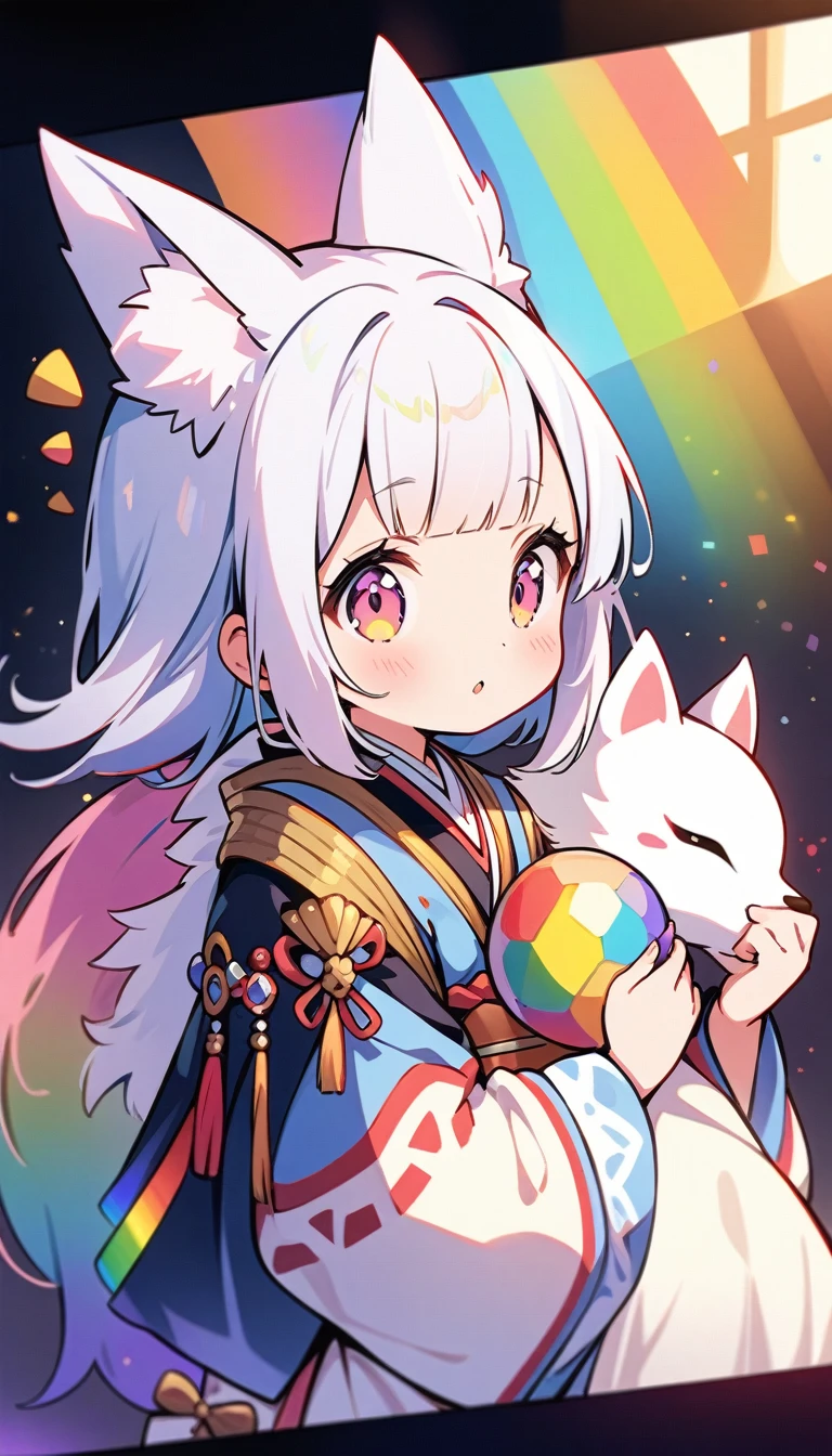 (最high quality, 4K, Attention to detail, high quality:1.2), Ultra-high resolution, (retina:1.1), Cinema Lighting, A rainbow appears, 1girl, 2 white fox, cute, Illustration Style, Onmyoji,Girl with a bill