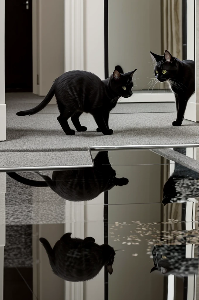 Black and gray cat giving a flower to its reflection in the mirror Animated