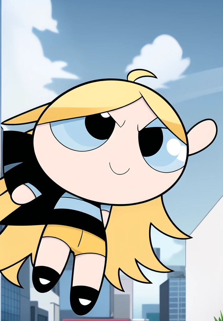 ((( blue sky long hair,))) smile, chibi, full body,1girl, yellow eyes, Black short-sleeved shirt showing off your stomach, black shorts