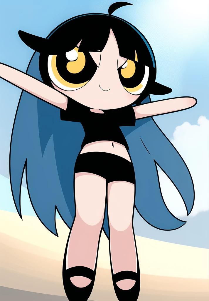 ((( blue sky long hair,))) smile, chibi, full body,1girl, yellow eyes, Black short-sleeved shirt showing off your stomach, black shorts