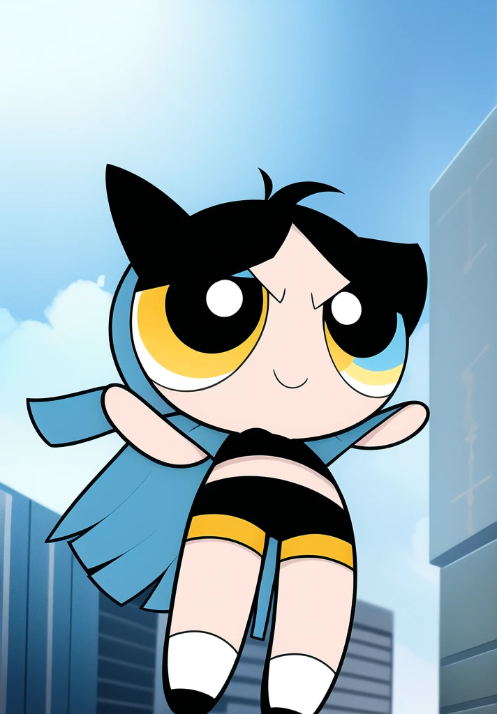 ((( blue sky long hair,))) smile, chibi, full body,1girl, yellow eyes, Black short-sleeved shirt showing off your stomach, black shorts