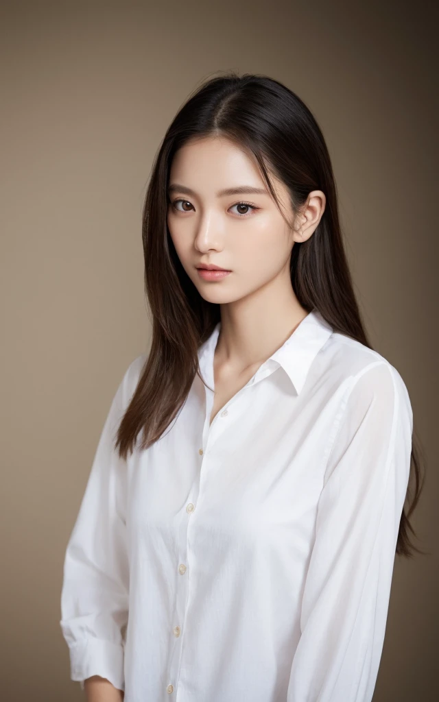 1. For women, Beautiful female model、 Wearing a white shirt, The model&#39;s skin is healthy and clear, Clean atmosphere, In the Studio, Photographed with a Hasselblad camera, Medium format, Dramatic lighting