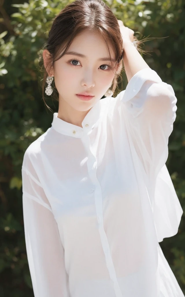 1. For women, Beautiful female model、 Wearing a white shirt, The model's skin is healthy and clear, Clean atmosphere, In the Studio, Photographed with a Hasselblad camera, Medium format, Dramatic lighting