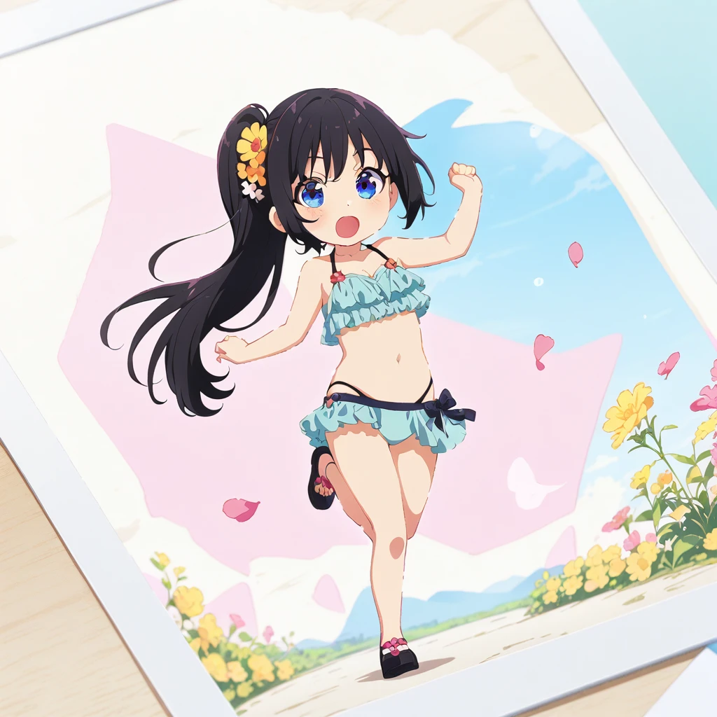 Masterpiece, Best quality, solo female, young girl, sister-like, blue eyes color, long ponytail hair, black color hair, flower hairpin, frontal photo, anime, illustration, full body, bikini