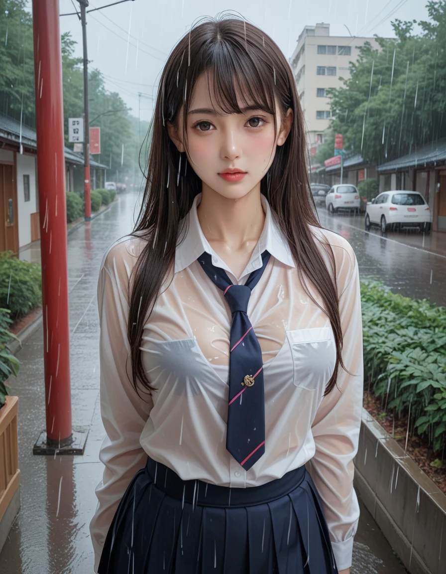 score_9,score_8_up,score_7_up,8K, breasts, A beautiful Japanese woman, High school girl in the rain, （Her uniform is transparent and her underwear is visible.：1.2）