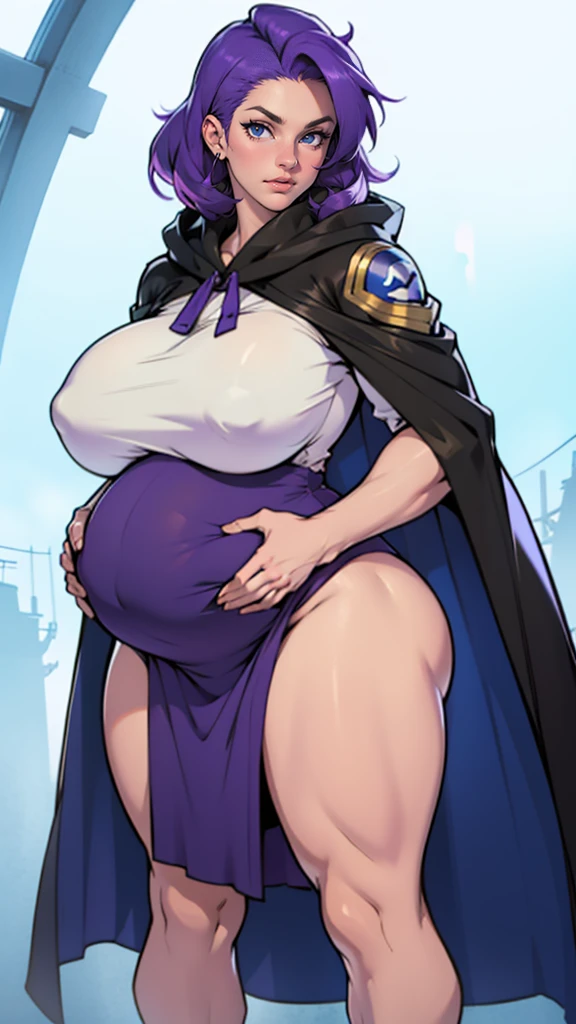 Mulher pregnant com vestido roxo gigante, high qualiy, awardwinning, high resolution, 8K , standing alone, 1woman, from the front, mellow, milf, purple cropped hair, blue colored eyes, long cloak decotado , tall woman, 29-years-old, milf, cuvilinear body, massive huge tits, huge ass , big-ass, pregnant, cabelo roxo, long cloak, hinterland, dress covers the legs, seducing gaze