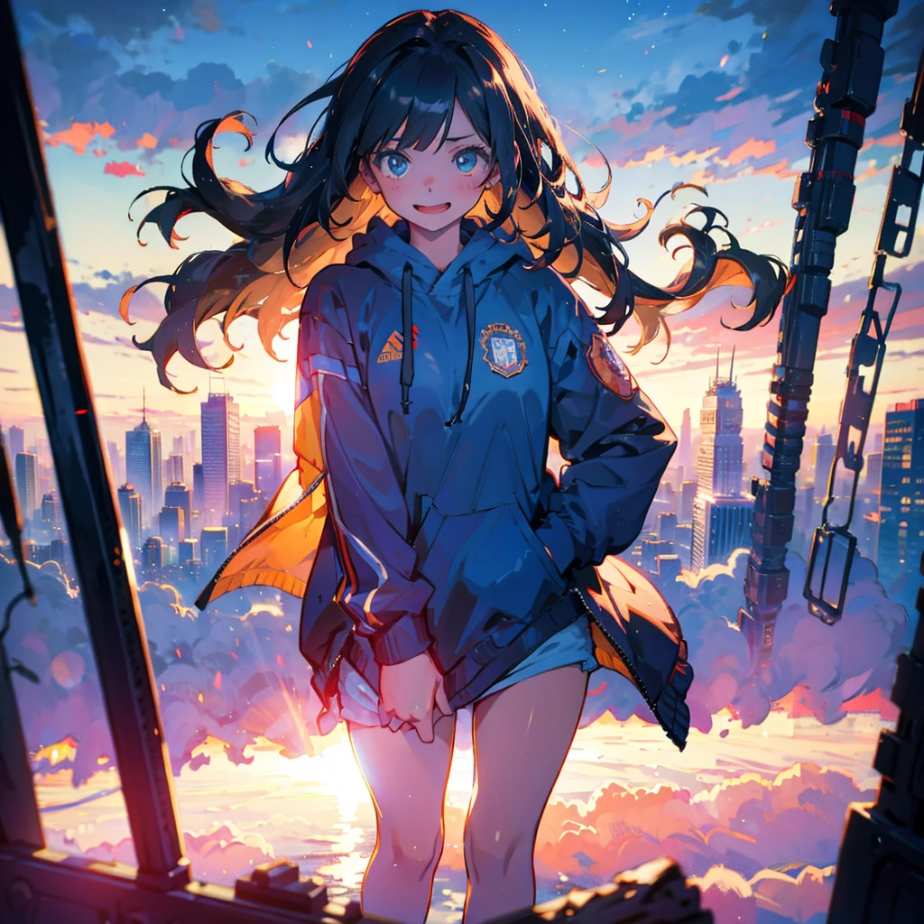 (masterpiece), (high resolution 8K), professional illustration, 1 girl, late teenage, standing, long shot, dutch angle, , blazer, hoody, shorts, medium hair, happy laughing, looking away, cityscape in Tokyo, morning, natural lighting, high contrast, stunning face, symmetrical clear eyes, detailed eyes and face