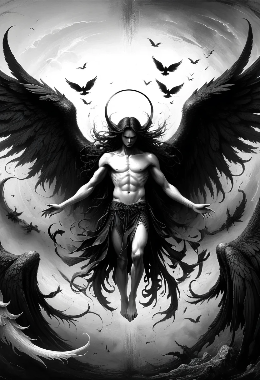 A painting of dark fallen angel Lucifer surrounded by dark wings, black and white Möbius strip, spinning and tumbling white wings and dark angels, deathcore style, layered image with subtle irony, Himalayan art