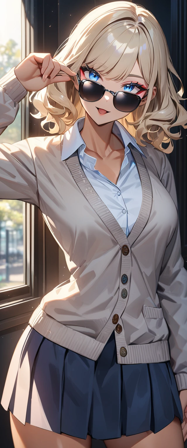 (((One girl))), ((tanned skin:1.3)), blond hair, inwardly curled hair, ((sunglasses, hand to sunglasses)), open mouth, stick out tongue, ((one hand on hip)), ((bob cut:1.3, wavy hair)), full makeup, Eyeshadow, Mascara, breasts, (cowboy shot), standard body, (looking at viewer), collarbone, ((cardigan)), ((((school winter uniform, white unbuttoned shirt, skirt)))), (open collar), ((sleeves past wrists)), teenager, head tilt:1.3, (((blue eye))), ((happy smile)), (((anime style))), (best quality, 4k, 8k, highres, masterpiece:1.2, ultra-detailed, ultra-detailed eyes, HDR, UHD, studio lighting, ultra-fine painting, sharp focus, physically-based rendering, extreme detail description, professional, vivid colors, bokeh), ((Highest quality, Best image quality, Ultra-high resolution, Ultra-high resolution, solo, Strong eye highlights)), Depth of written boundary, Natural soft light, attractive, Beautiful Face, Cleanliness, Pure Face, nedium chest, Beautiful Face, Perfect Fingers, Perfect hands, Perfect body, Perfect Face, Shine a light into your eyes, Perfect Anatomy
