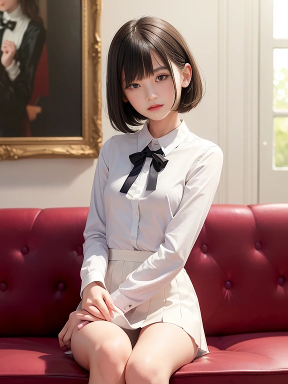 (masterpiece、Highest quality:1.7)、(12 years old:1.5)、((Bobcut))、Black Hair、85mm、16K、Official Art、RAW Photos、Best Beautiful Faces、Close-up、Violet、Gardenia、The best beautiful girl、very cute、Red blush on cheeks、indoor、(Sitting on the couch:1.8)、Film Grain、Chromatic Aberration、Sharp Focus、(((Nice hands、Perfect hands、Perfect Fingers、Thin and delicate fingers、A perfect body without flaws)))、Detailed face、(Slender body:1.5)、(Slender body:1.4)、(Petite body:1.4)、(Small breasts:1.9)、(Let your bangs hang down:1.8)、(Blushing:1.8)、(Low contrast lighting:1.2)、(White tight business blouse with collar:1.5)、(White bow tie blouse:1.3)、(Long sleeve: 1.3)、(White pleated mini skirt:1.5)、(White School Socks:1.5)、(Eyes closed:1.5),(Hands in crotch:1.5)