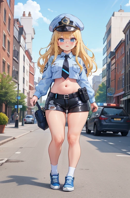 Kelly, hair blonde, blue colored eyes, wart under the mouth,
make up, lips, curly hair, eyelash,
standing alone, trunk, standing, ssmile,
natta, streets, city scape, carriages,
uniforme policial, police hat, tummy, black short shorts, blue shoes, blue necktie,
(incredibily detailed, beautifull detailed face, work of art, beautiful detailed eyes, best qualityer)