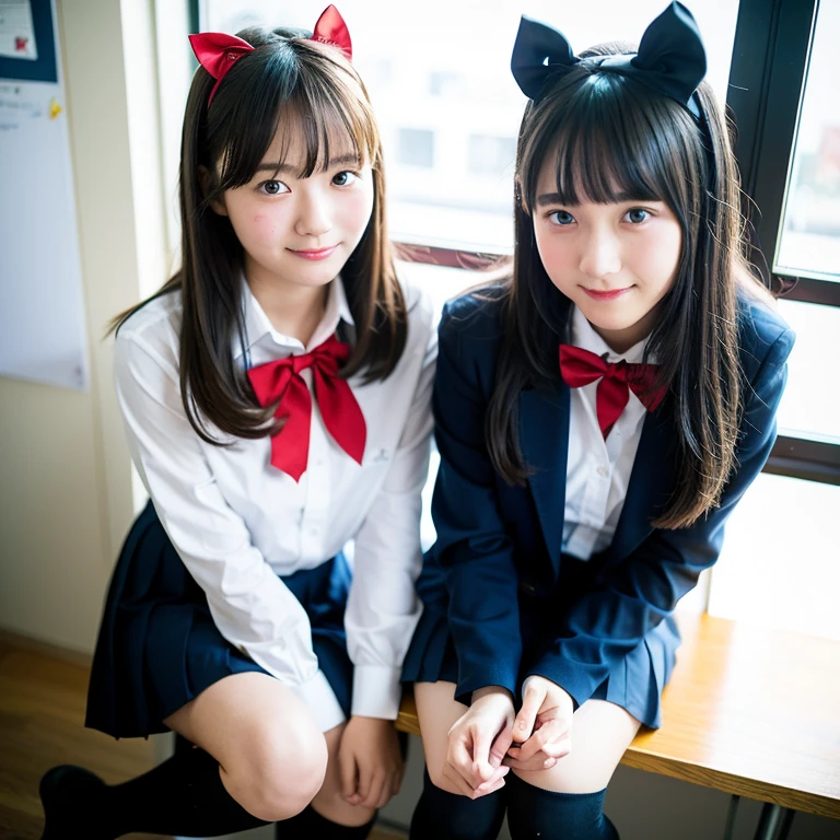 2 girls in classroom near window,navy blue blazer,white shirt with red bow tie,navy blue pleated skirt,navy blue knee-high socks,18-year-old,bangs,a little smile,thighs,knees,straight hair with barrette,from below,front-light