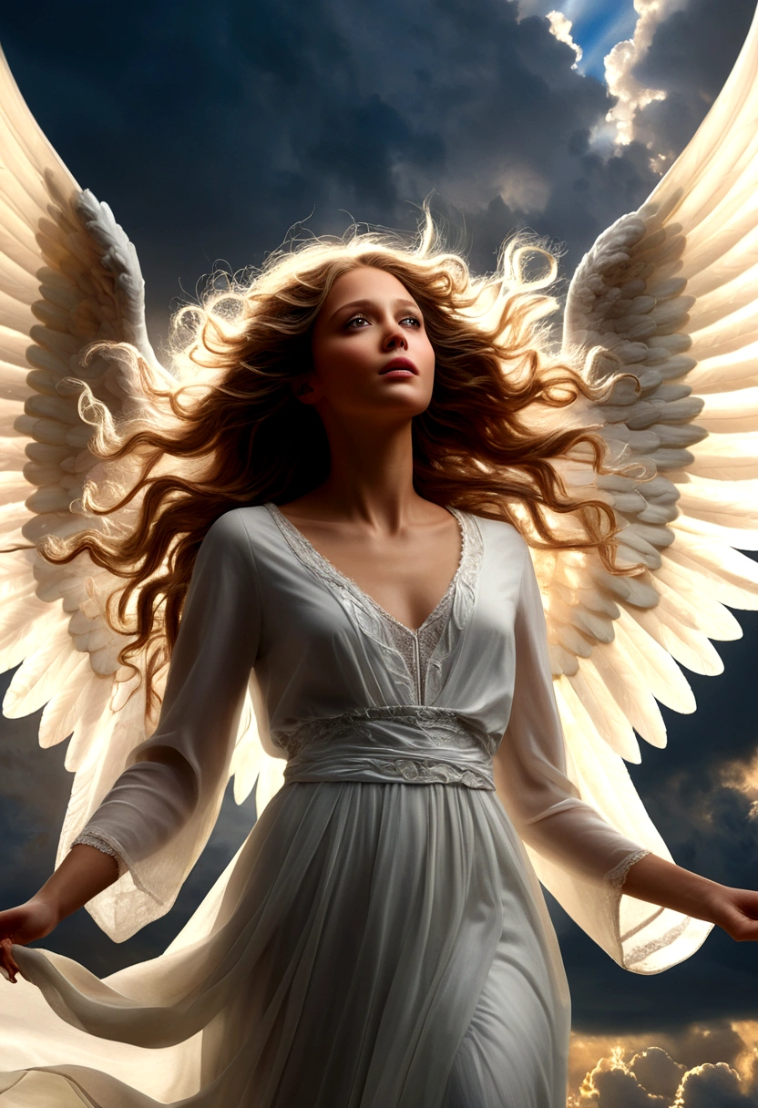 a beautiful angel, falling from heaven, dramatic lighting, cinematic scene, intricate detailed wings, angelic facial features, long flowing hair, ethereal glowing aura, dramatic pose, cloudy sky background, dramatic lighting, dramatic atmosphere, fantasy, concept art, digital painting, photorealistic, highly detailed, 8k, (best quality,4k,8k,highres,masterpiece:1.2),ultra-detailed,(realistic,photorealistic,photo-realistic:1.37),cinematic lighting,dramatic colors