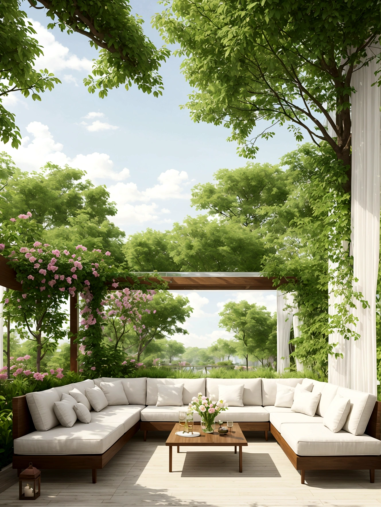 vivid、Beautiful colorful flowers、Beautiful plants、Relaxing veranda、Luxury sofa、Luxurious low table、Close-up