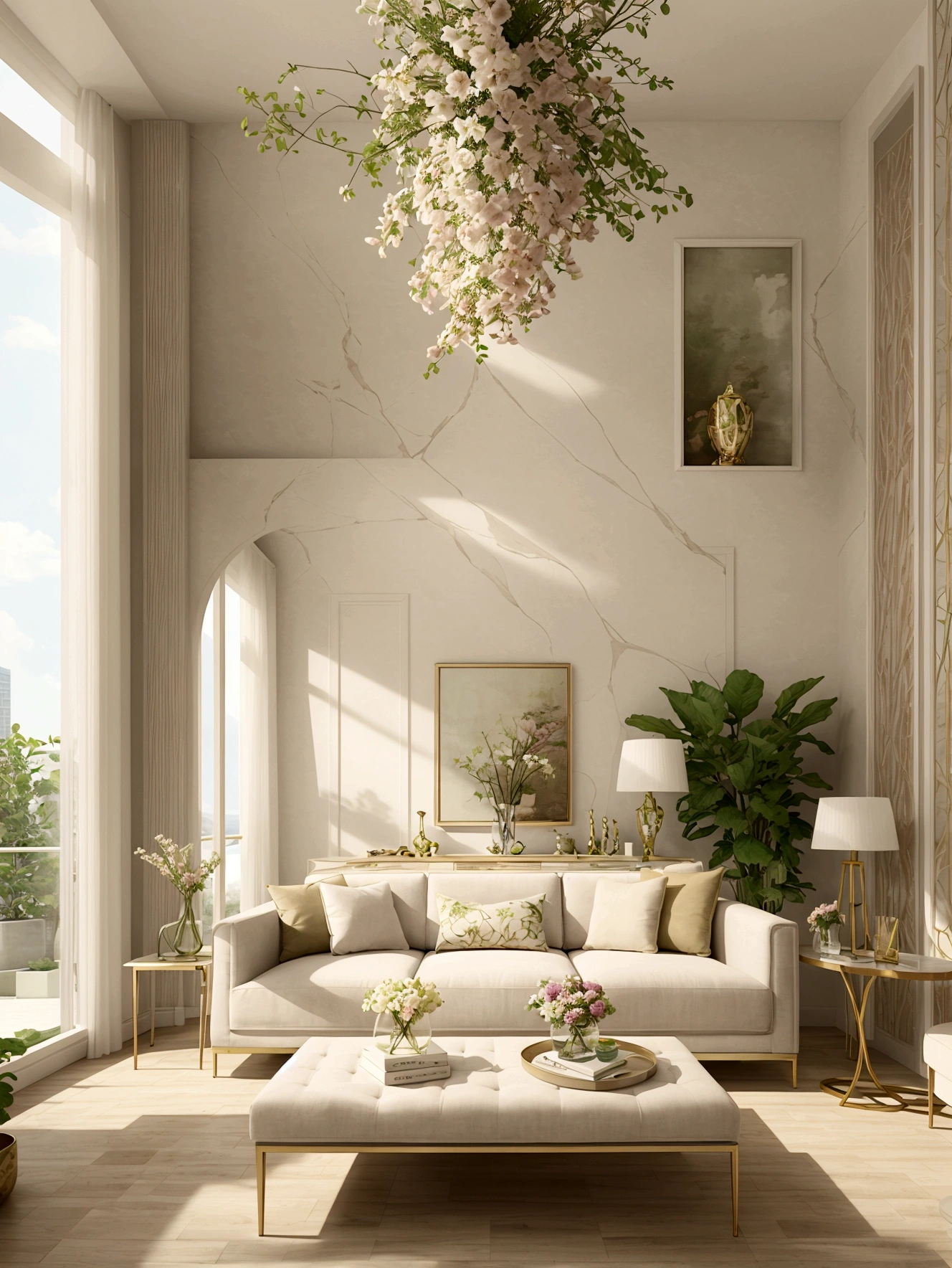 vivid、Beautiful colorful flowers、Beautiful plants、Relaxing veranda、Luxury sofa、Luxurious low table、Close-up