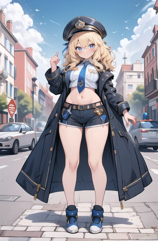 Kelly, hair blonde, blue colored eyes, wart under the mouth,
make up, lips, curly hair, eyelash,
standing alone, trunk, standing, ssmile,
natta, streets, city scape, carriages,
uniforme policial, police hat, tummy, black short shorts, blue shoes, blue necktie,
(incredibily detailed, beautifull detailed face, work of art, beautiful detailed eyes, best qualityer)